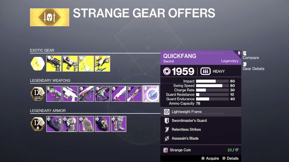 Xur's exotic weapon and legendary armors on sale.