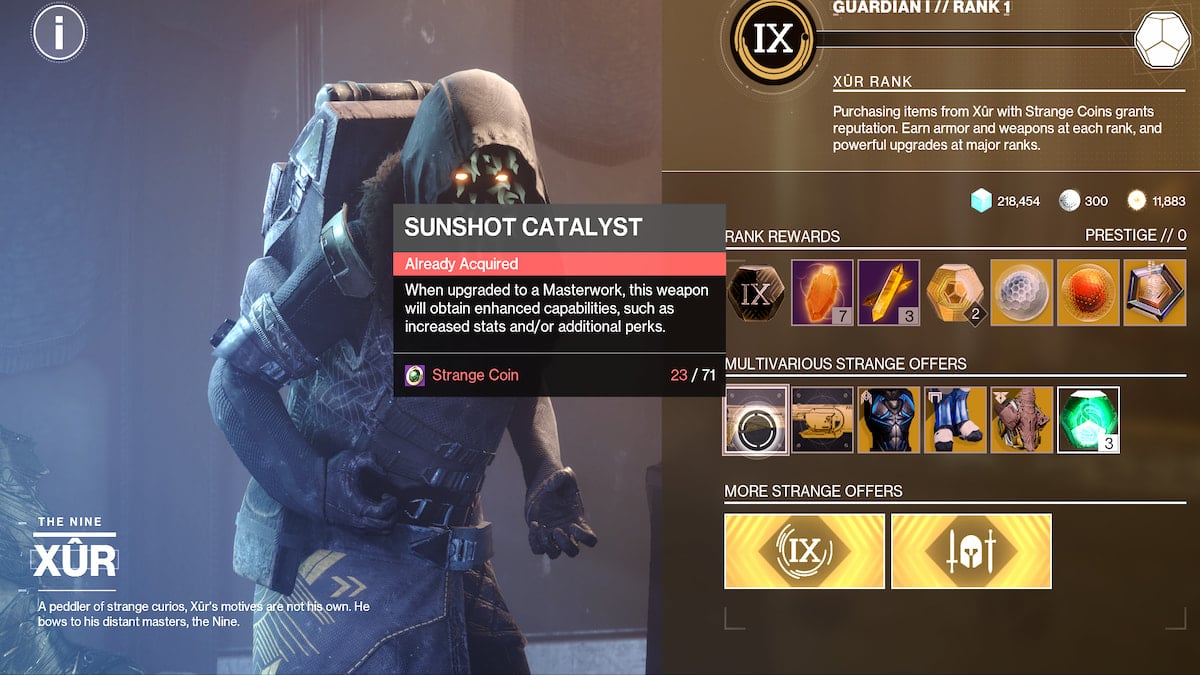Xur selling Exotic weapon catalysts and Exotic armor