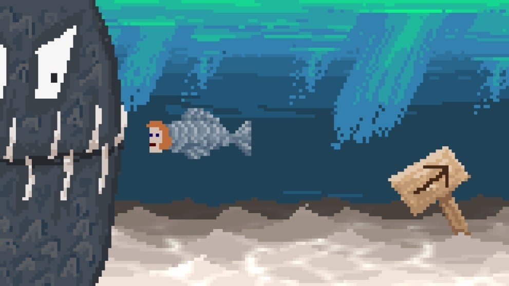 McPixel, in the form of a fish, backs away from a much larger sea creature with large, imposing teeth. 