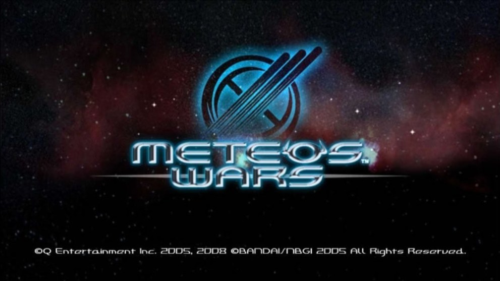 Geometric text details the title of the video game 'Meteos Wars'.  A dark, starry sky is visible in the background.