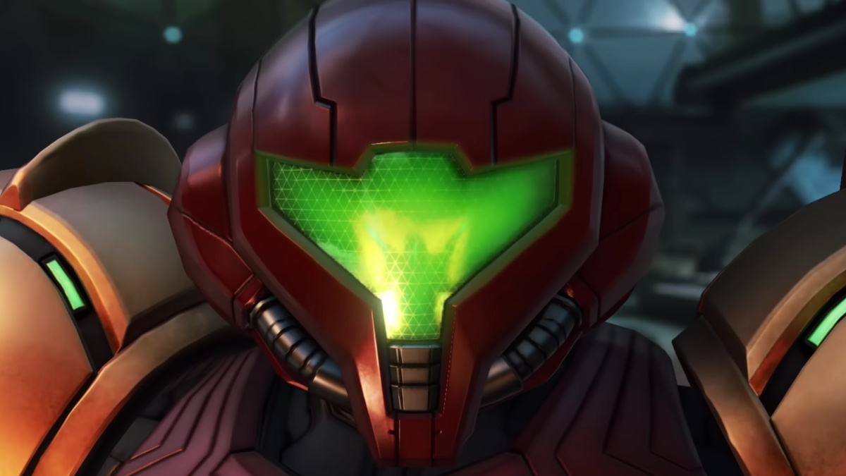 Samus With Sylus Reflected in Her Visor in Metroid Prime 4