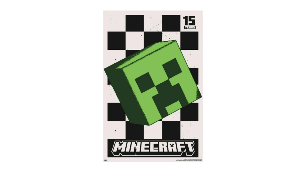 minecraft 15th anniversary creeper poster on checkered background