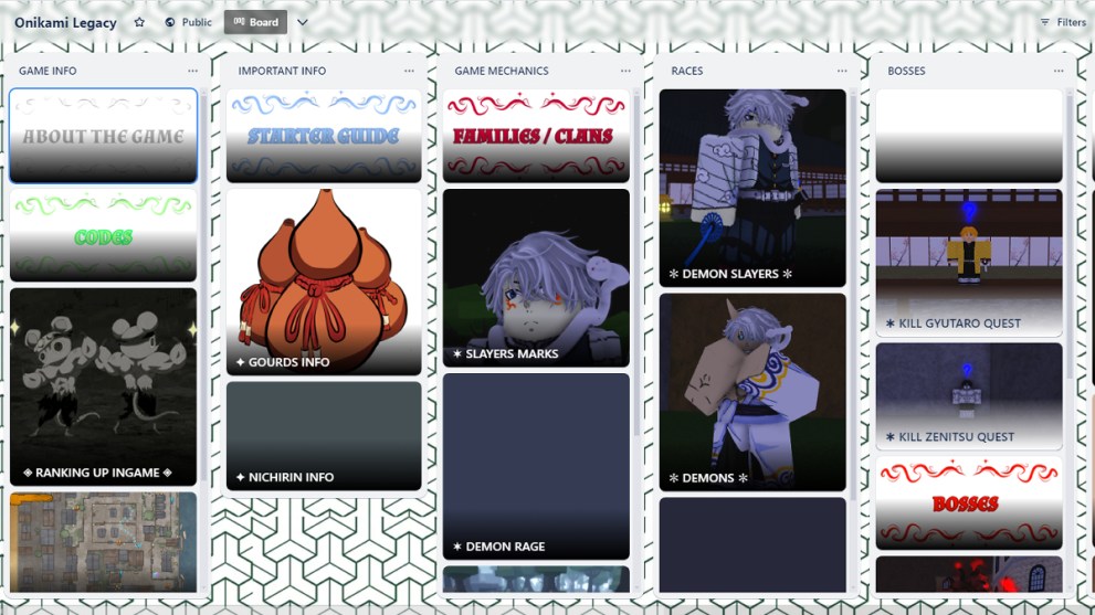 Roblox Onikami Legacy Trello board.