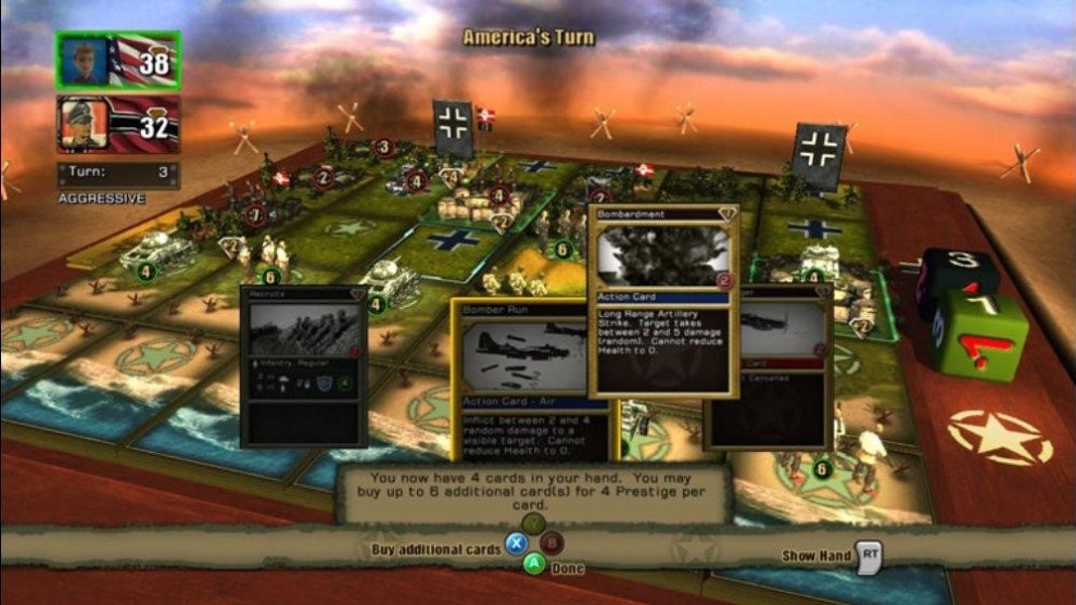A deck-building board game based on the Second World War is visible in the foreground.   Barbed wire and smoke from distant explosions are visible in the background.
