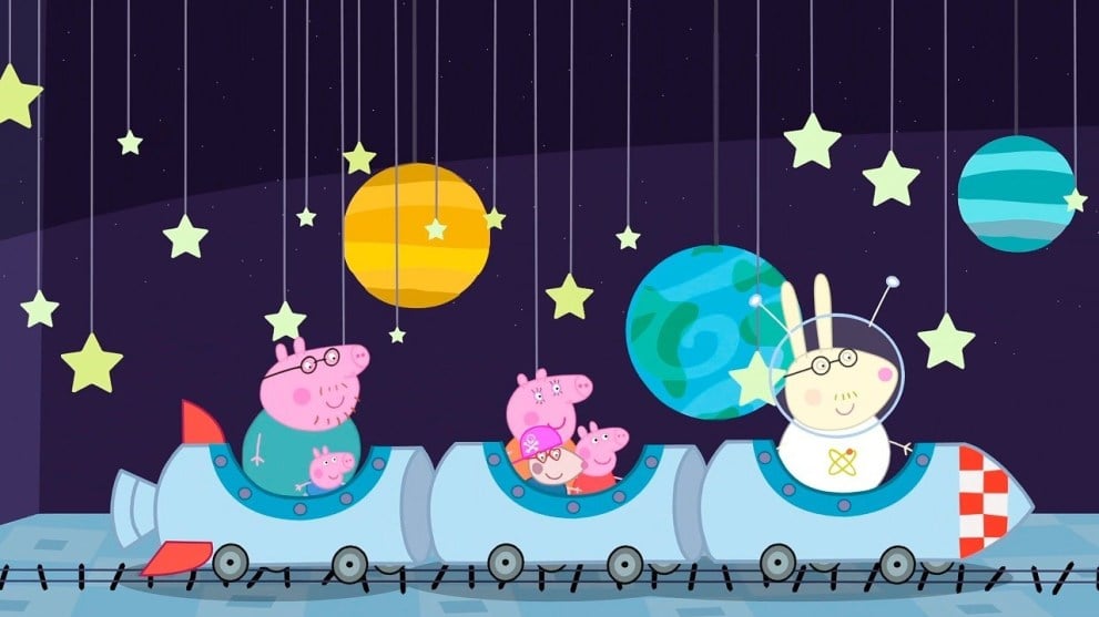 Peppa Pig and her friends/family ride a rollercoaster designed to look like a spaceship.