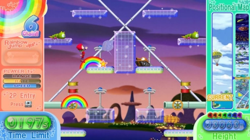 Blue grid-like platforms are visible with caterpillar-like enemies balancing on top of them.  The protagonist, a red ninja-like garb wearing human climbs up the platforms against a background of a setting sun on an obscure planet.