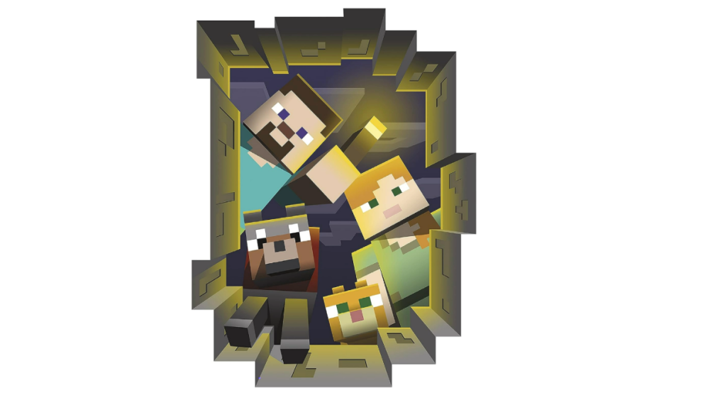 roomscape minecraft poster with steve alex a cat and dog looking at viewer