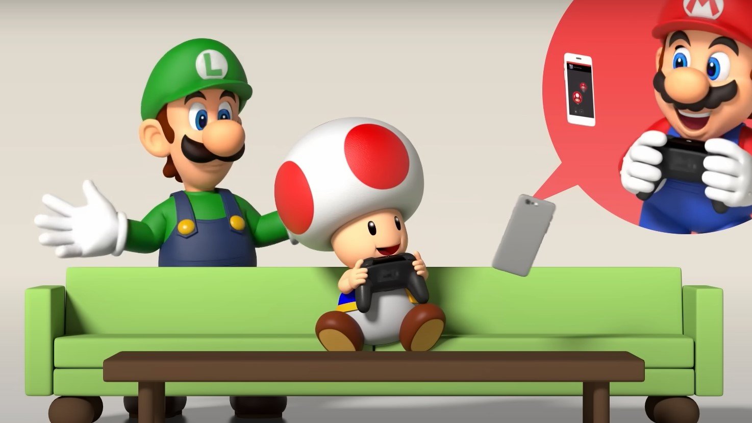 Luigi, Mario and Toad having a conversation while playing Nintendo Switch Online