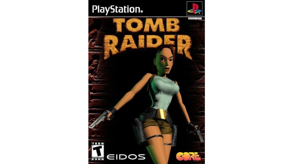 PlayStation 헤더가 포함된 원본 Tomb Raider 게임 아트워크 이미지.