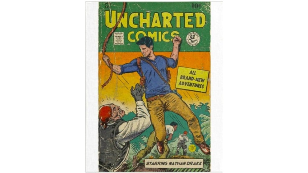 Uncharted 게임 시리즈의 만화책 스타일 포스터입니다.