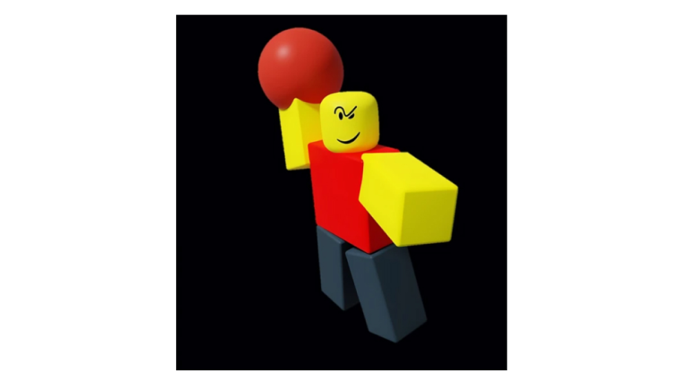 roblox baller emote poster with red shirt avatar throwing red ball on black background
