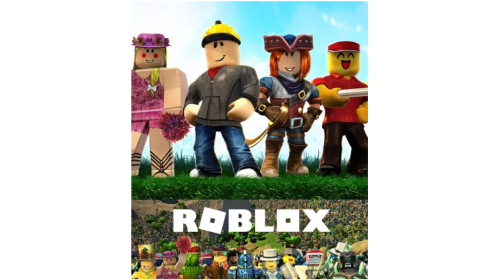 roblox poster with characters standing on top of and under roblox logo