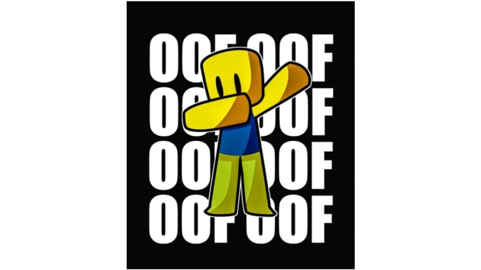 oof roblox poster with character dabbing with oooooof background font black and white