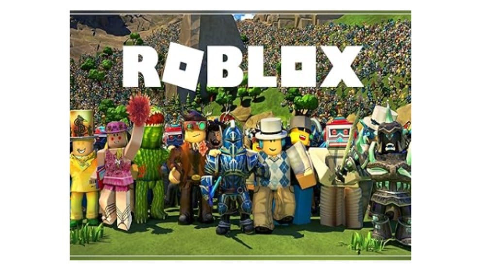 Roblox poster with lots of different characters standing under roblox logo