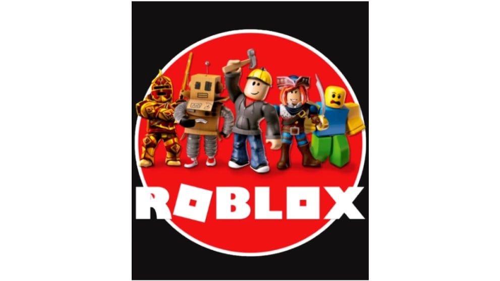 Roblox poster with builder robot and default characters standing on top of roblox logo and red circle background