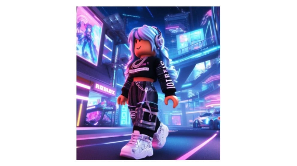 roblox girl poster walking with white shoes black shirt and walking in neon blue purple city