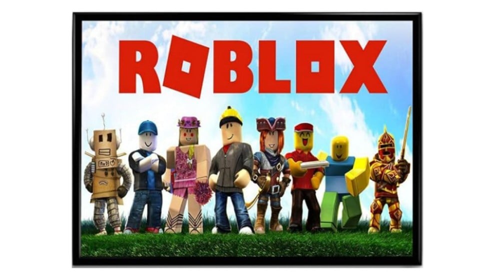 Roblox poster with different characters standing under roblox logo
