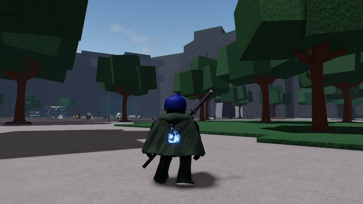 Player wearing a cape in The Strongest Battlegrounds Roblox experience