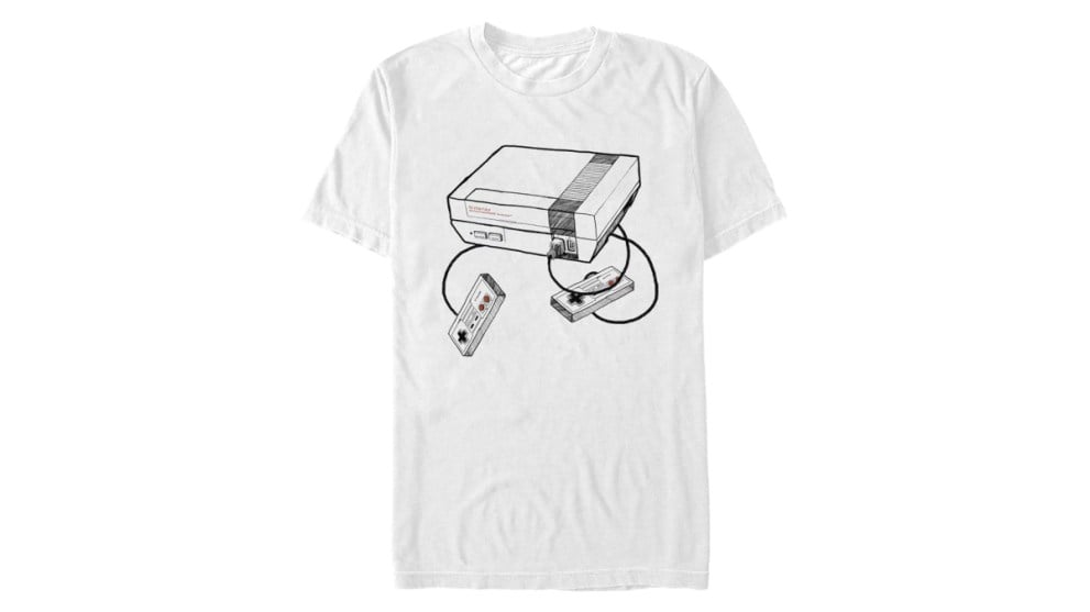 white shirt with white and grey nintendo NES console and controllers