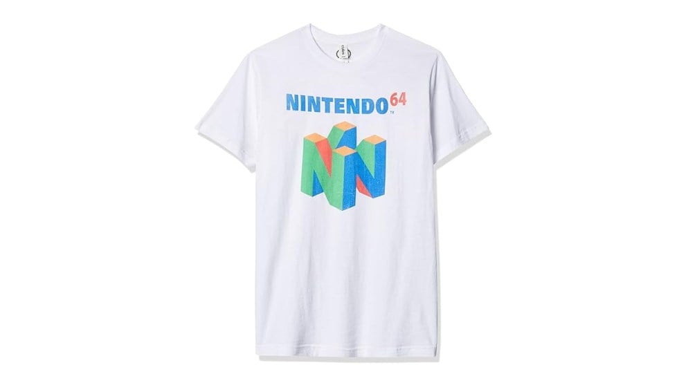 파란색과 녹색 닌텐도 64 로고가 있는 흰색 셔츠