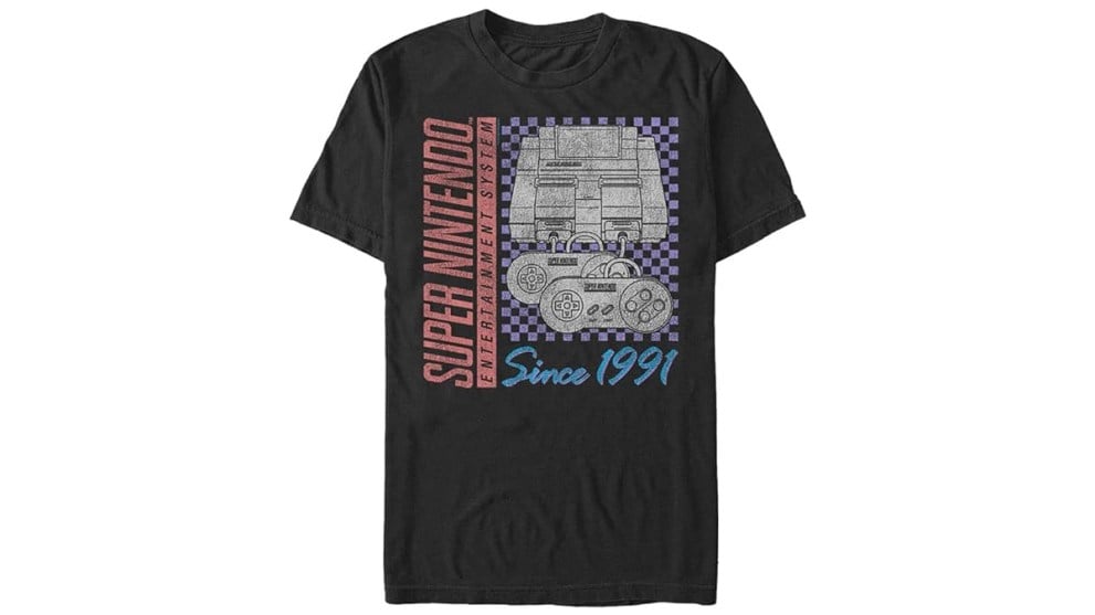 nintendo super red text on black shirt with NES console over purple checkers and since 1991 in blue