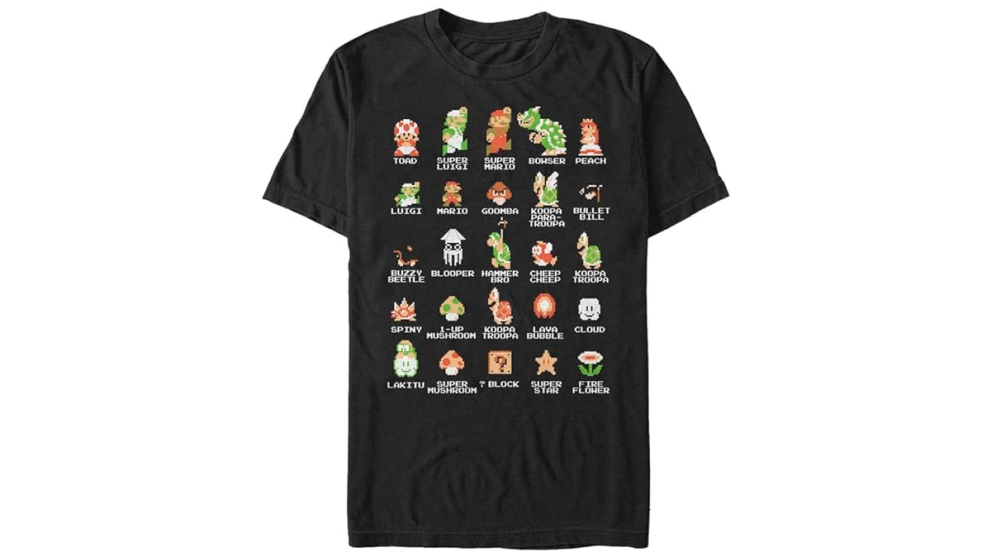 닌텐도 마리오 캐스트 픽셀 캐릭터 25가지의 다양한 캐릭터가 검은색 셔츠에 등장 