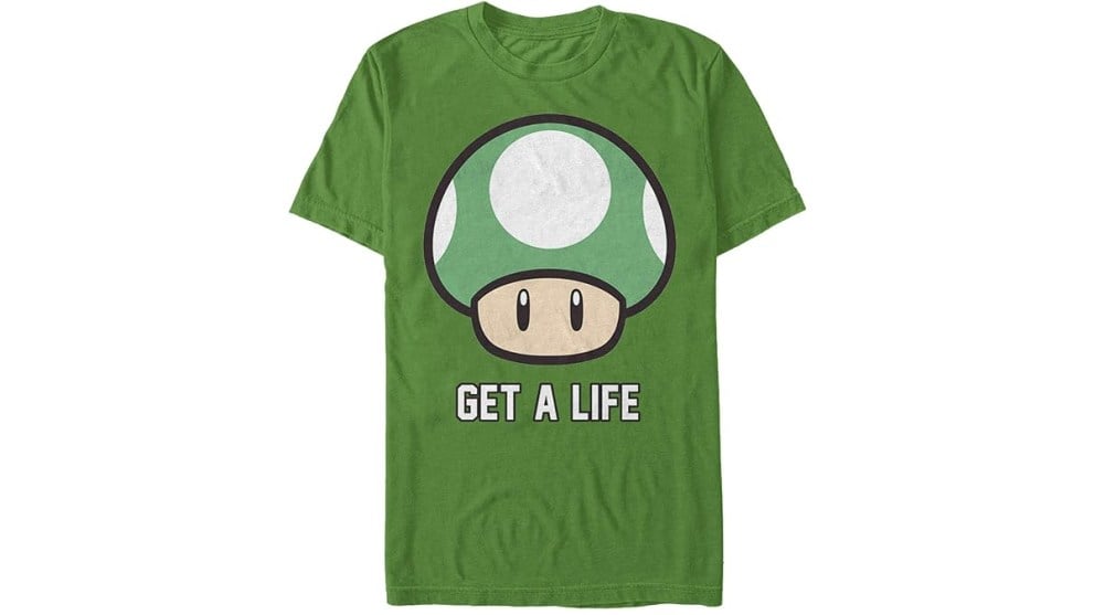 1up 마리오 버섯 이미지가 있는 녹색 닌텐도 셔츠