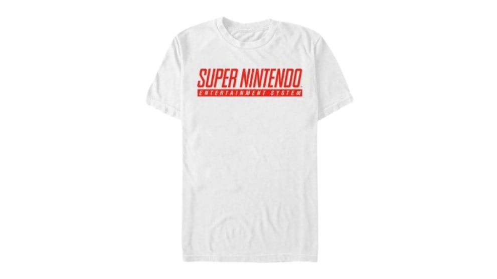 white t shirt with red super nintendo text on it