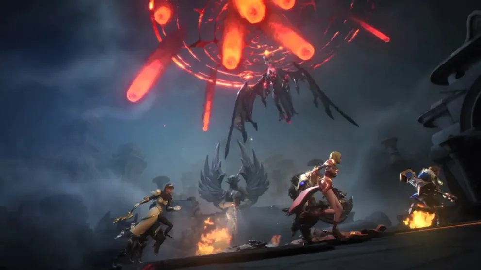 Characters being attacked by a dragon with fireballs