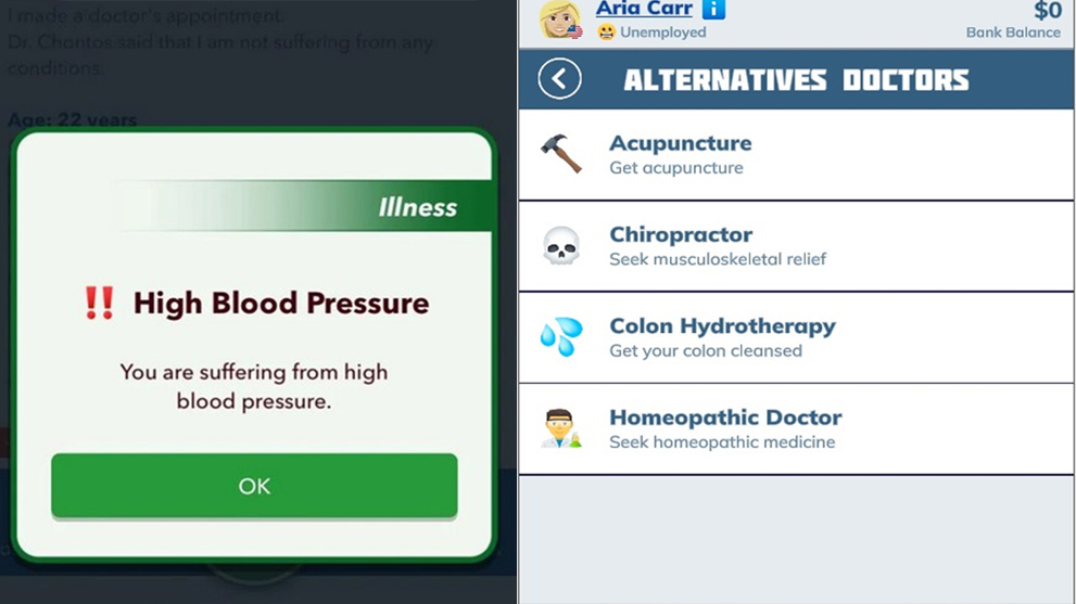 The high blood pressure and Alternative Doctor menus in BitLife.