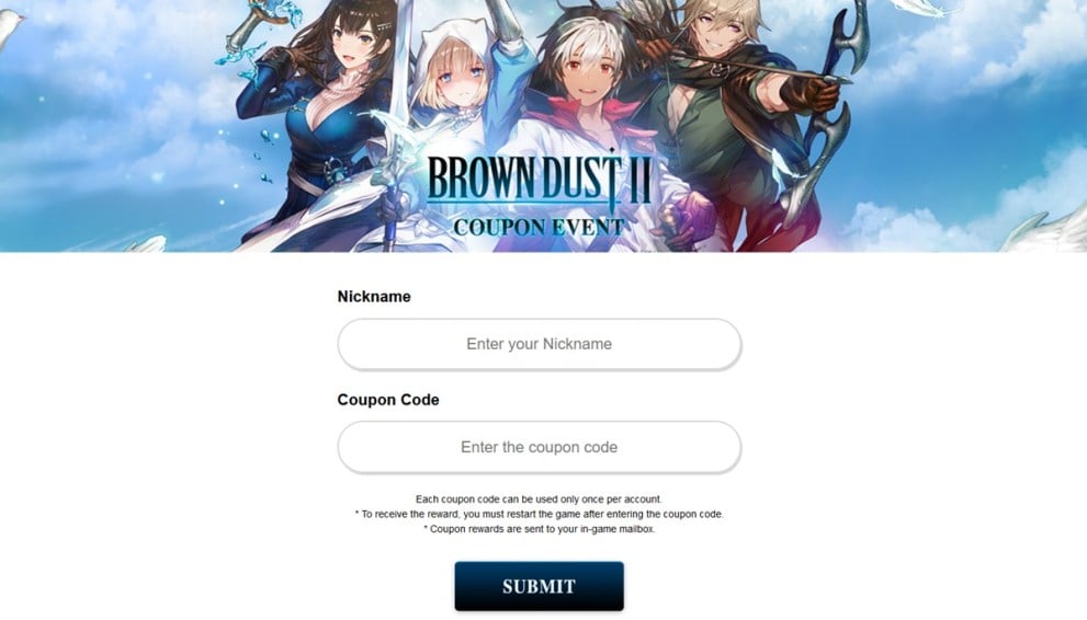 The coupon code page on the Brown Dust 2 website