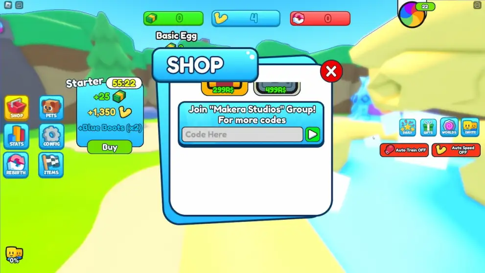 Codes redemption menu in the Carry Simulator Roblox experience