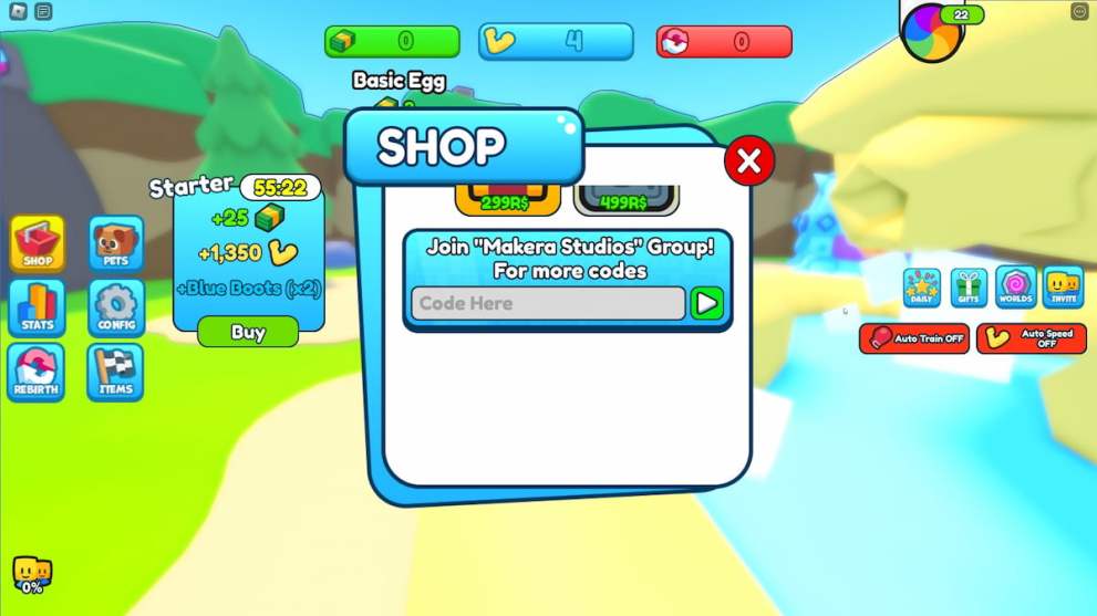 Codes redemption menu in the Carry Simulator Roblox experience