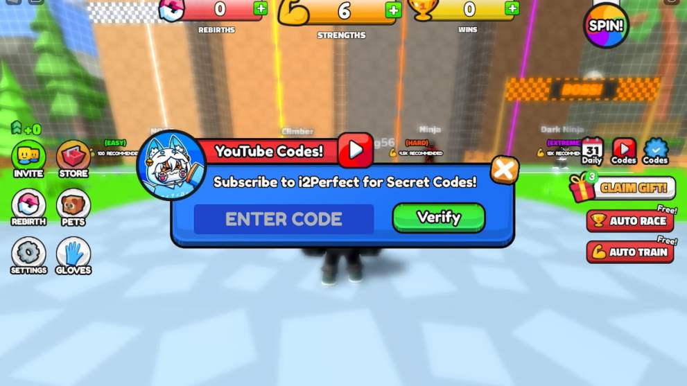 Codes redemption menu in Climb Race Simulator Roblox experience