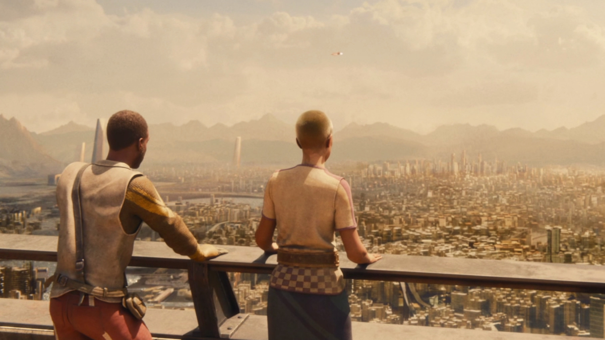 Destiny 2 Final Shape All Campaign Missions: Two citizens look out over a bannister at The Last City.