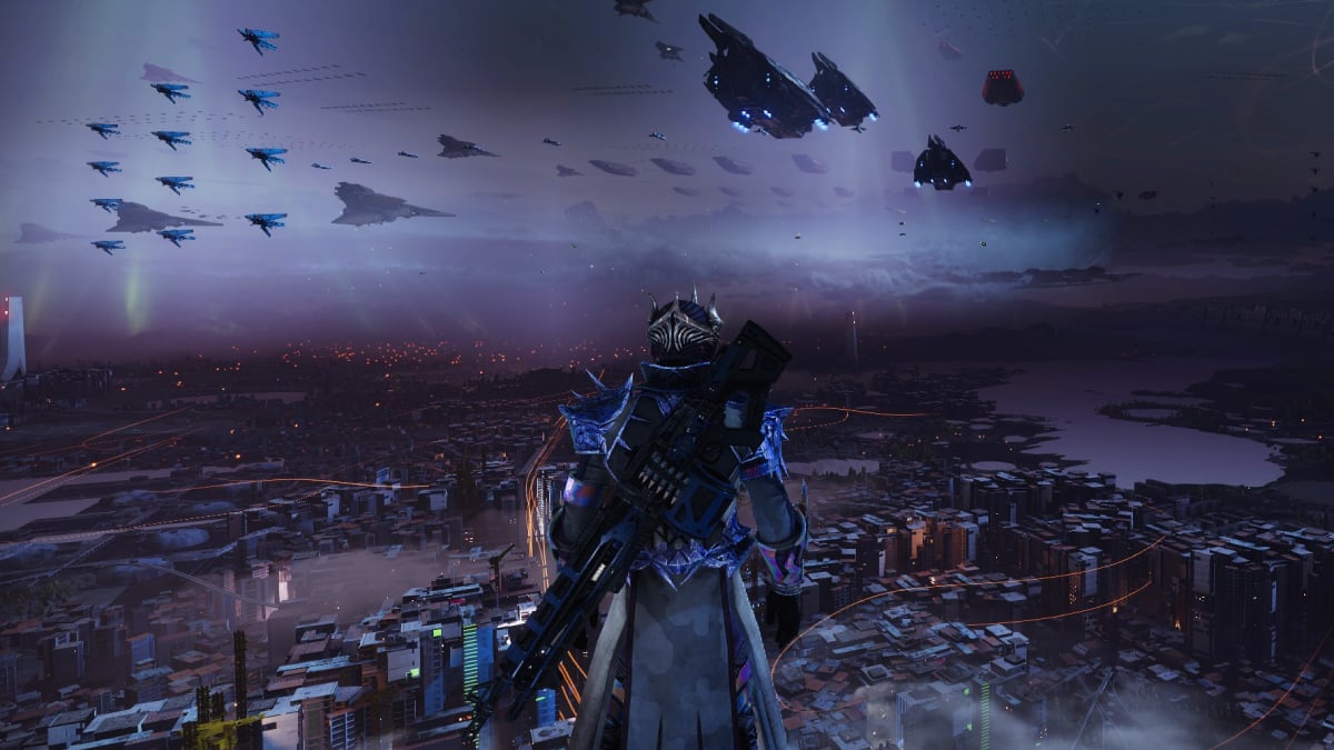Destiny 2 Final Shape Preload Start Time And Size: A Guardian looks out over the Last City at nightfall.