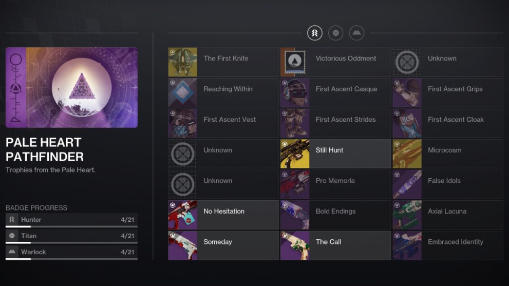 Destiny 2 Transcendent - How To Get The Final Shape Title Explained: Trophies screen for The Pale Heart.