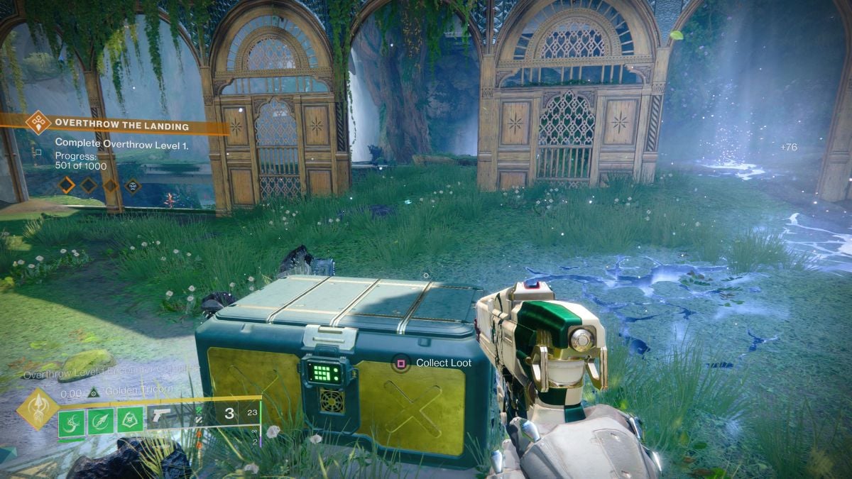 Guardian looking at an overthrow chest.