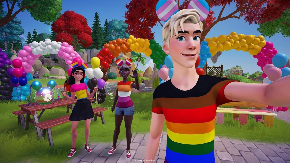 Disney Dreamlight Valley character wearing pride shirt taking selfie with two other characters