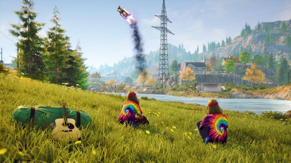 A goat flying with rockets while two people watch