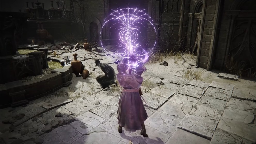 Elden Ring Shadow of the Erdtree character casting purple gravity spell with staff over head