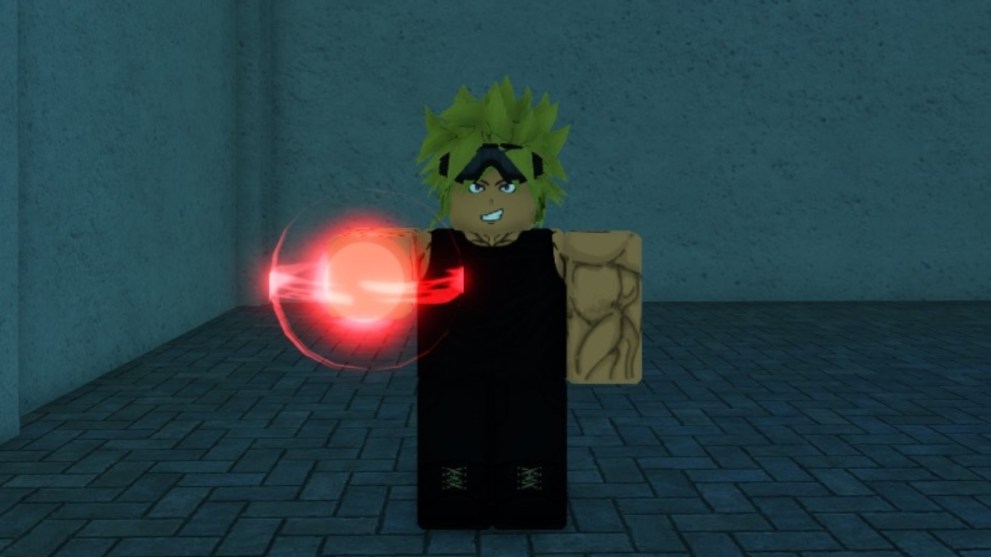 Fire Force Online character with yellow hair and black vest holding red orb ability