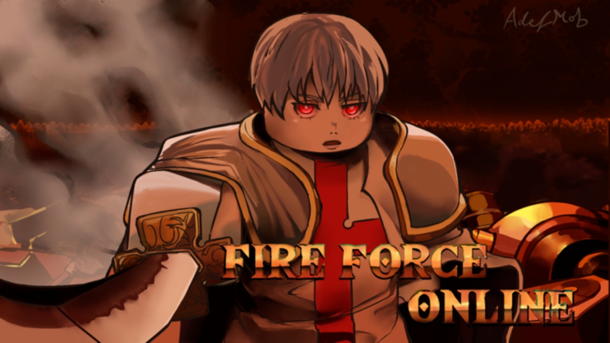 Fire Force Online official cover art white hair red eyes roblox anime character holding sword