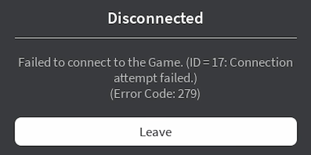 The error code 279 message players encounter in Roblox.