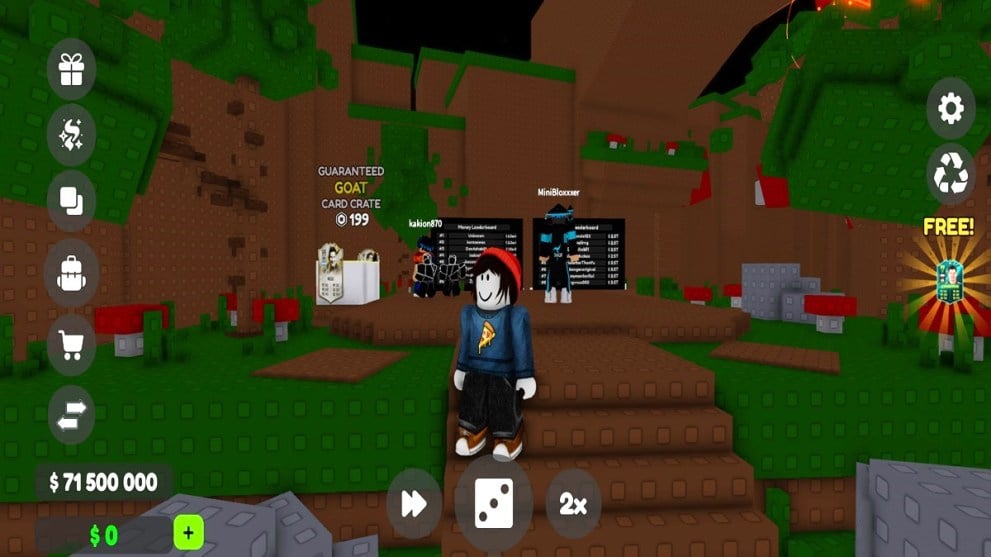 A roblox character on steps with cards in the distance