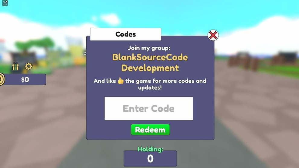 Codes redemption menu in the Fruit Blend Tycoon Roblox experience