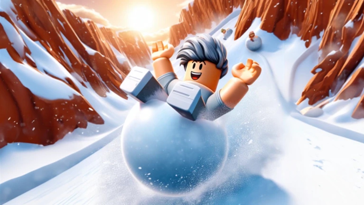 Grow Snowball Race Codes - a Roblox character sliding down a mountain on a snowball