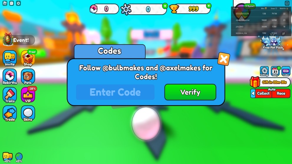 The Code text box in Grow Snowball Race
