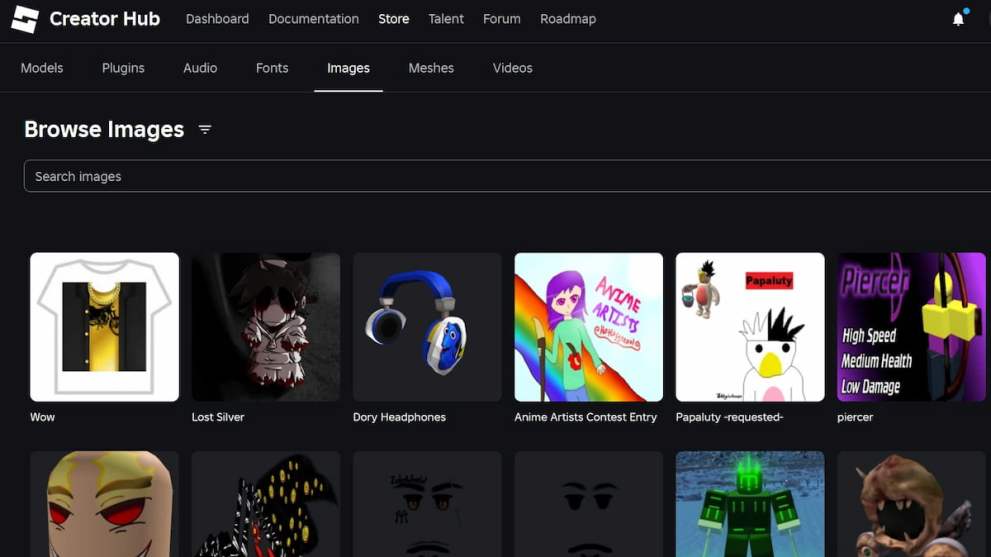 Roblox Creator Hub main asset search page