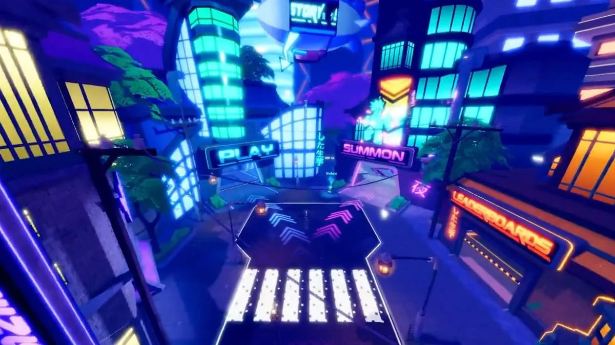 A neon city in Anime Defenders.